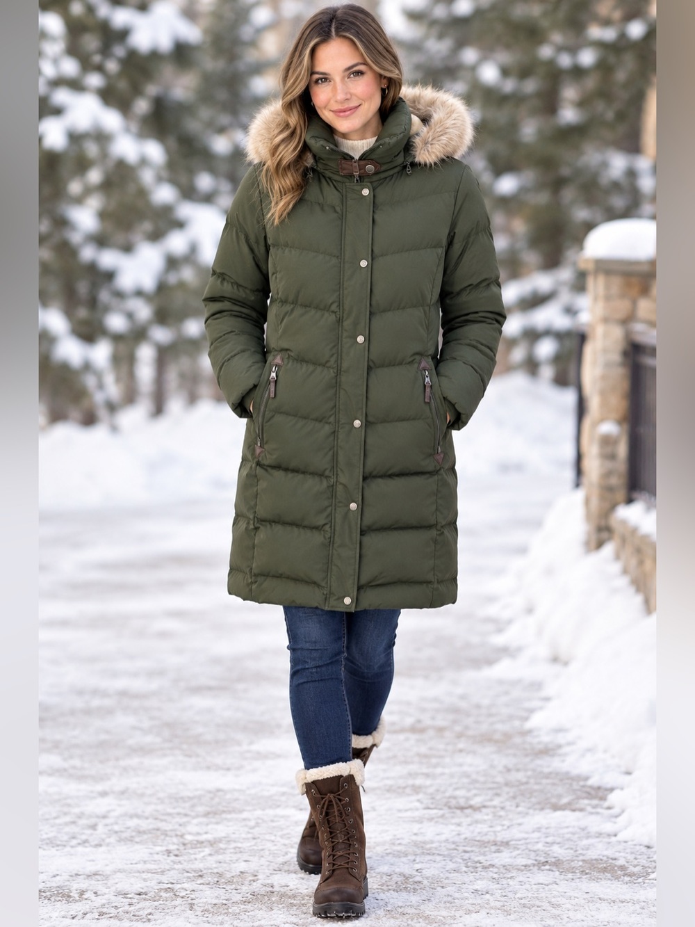 Lauren Ralph Lauren Down Puffer Coat Olive Green Faux Fur Hooded PL Petite Large